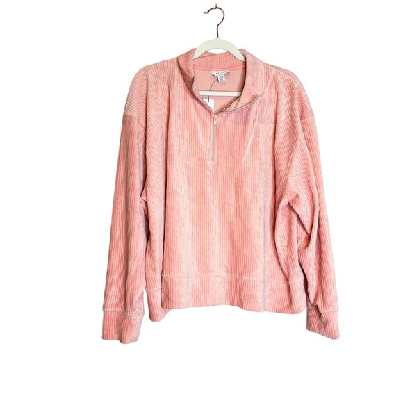Topshop 1/4 Zip Ribbed Velour Sweatshirt Pink Cotton Blend Women 8-10 NWT - Picture 2 of 8